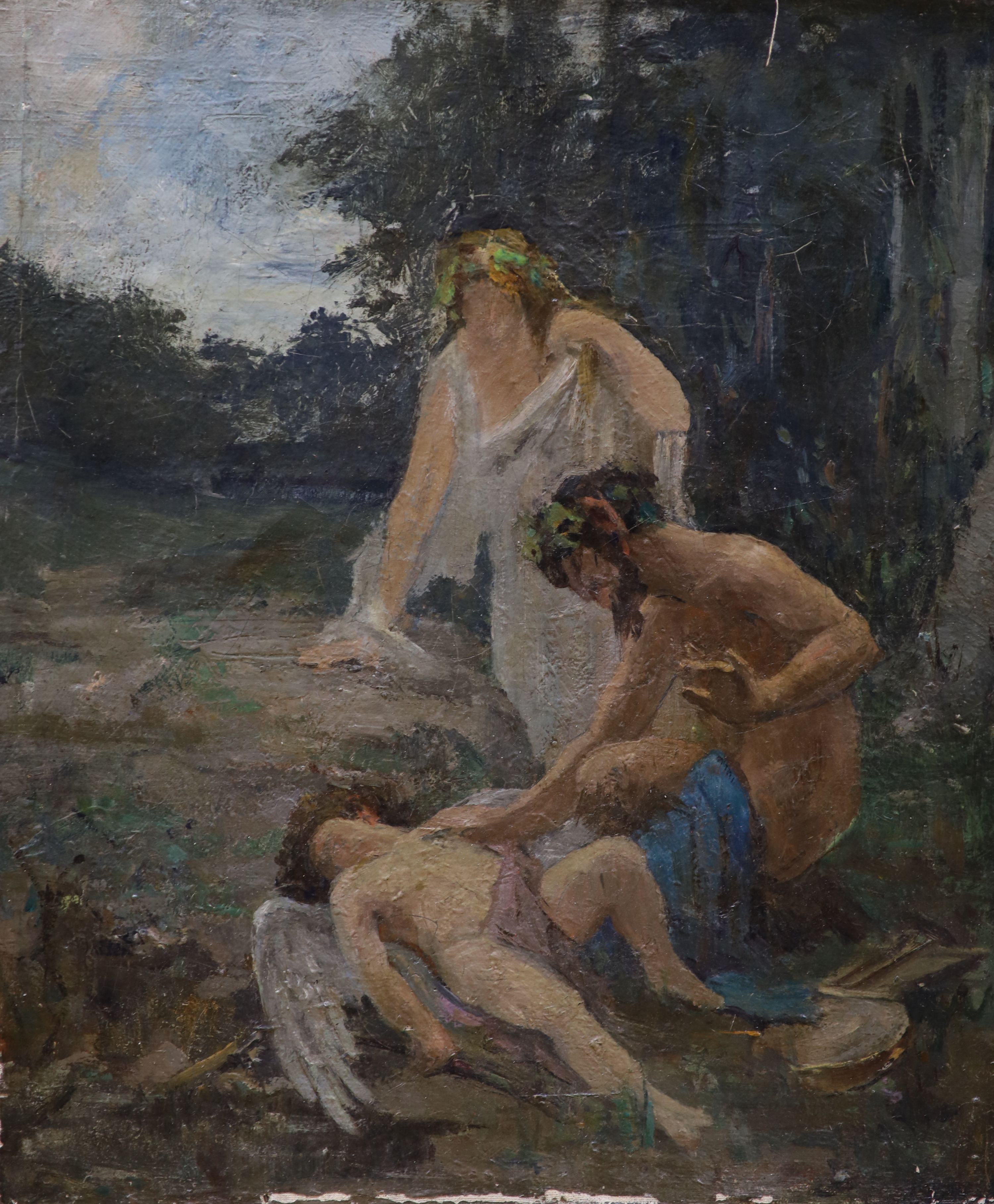 19th Century Continental School, study of classical figures attending a fallen or slumbering putto, oil on canvas, unframed, signed to frame verso, 47 x 40cm.
